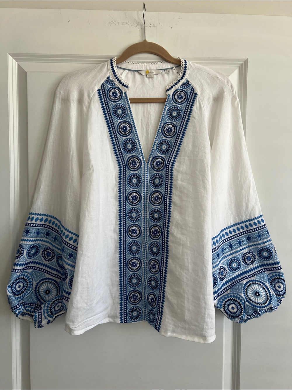 Boden Blouse white/blue Embroidered Linen Boho Tunic Balloon Sleeve Size - 8